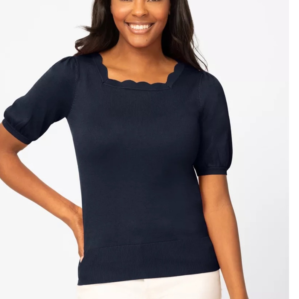 Soft Navy Scalloped Short-Sleeve Sweater